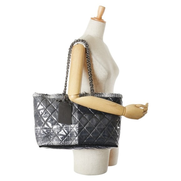 Chanel Matelasse Tote Bag Handbag Black Gray Vinyl Tweed Women's CHANEL - Picture 11 of 11